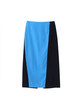 TRAF 2023, Женские юбки в стиле пэчворк, Летние офисные женские модные двухцветные повседневные юбки трапециевидной формы с разрезом сзади, длиной до щиколоток