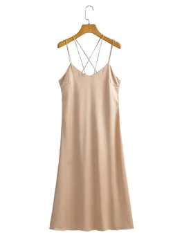 TRAF 2023 Летнее новое женское элегантное сексуальное вечернее платье без рукавов с открытой спиной, тонкое платье средней длины из шелкового атласа