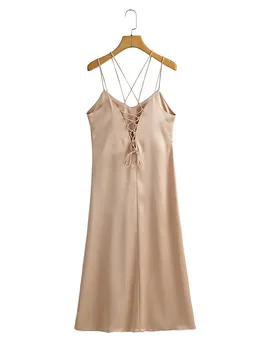 TRAF 2023 Летнее новое женское элегантное сексуальное вечернее платье без рукавов с открытой спиной, тонкое платье средней длины из шелкового атласа