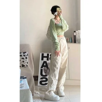Выстиранные Прямые брюки до щиколоток с высокой талией, сшитые из денима Y2k, женские джинсы на молнии, Бежевая Рваная уличная одежда с цветочным рисунком в Корейском стиле