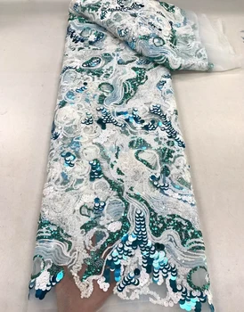 Африканская кружевная ткань, 5 ярдов бисера с блестками, высококачественный Нигерийский сетчатый кружевной материал для свадебного шитья