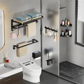 Вешалка для полотенец с вешалкой для полотенец-Складные полки для полотенец из нержавеющей стали, Подвижные крючки, Черное настенное крепление для ванной комнаты, туалета, кухни