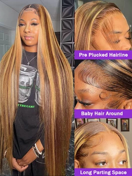 Melodie 34-Дюймовые парики с прямой подсветкой из человеческих волос без клея цвета медовой блондинки 13x6 Кружевной фронтальный парик 250% для женщин
