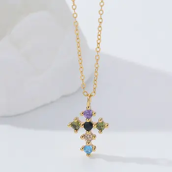 Ожерелье с разноцветным каменным крестом для женщин из стерлингового серебра S925 пробы, кубический цирконий, горный хрусталь, Многоцветное ожерелье с хрустальным крестом
